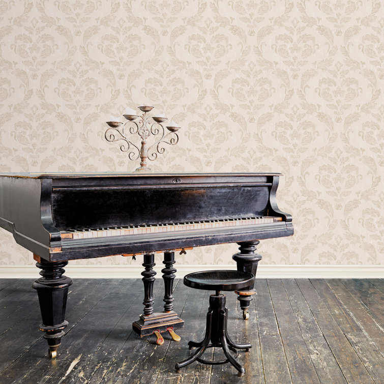 Neutral Beige Vinyl Damask Wallpaper Roll, 33 feet x 21 inches