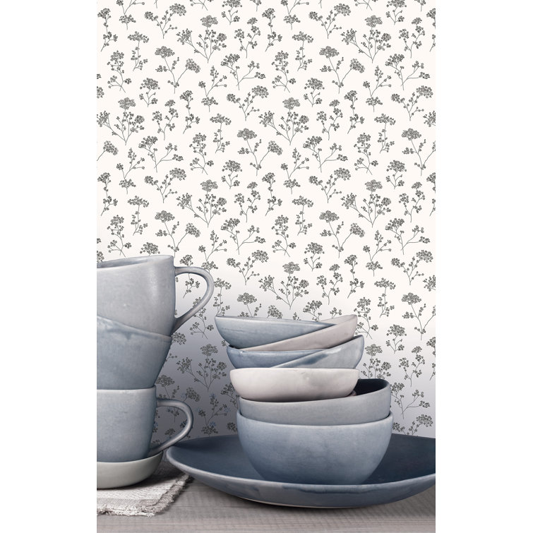 Beige and White Vinyl Floral Trail Wallpaper Roll