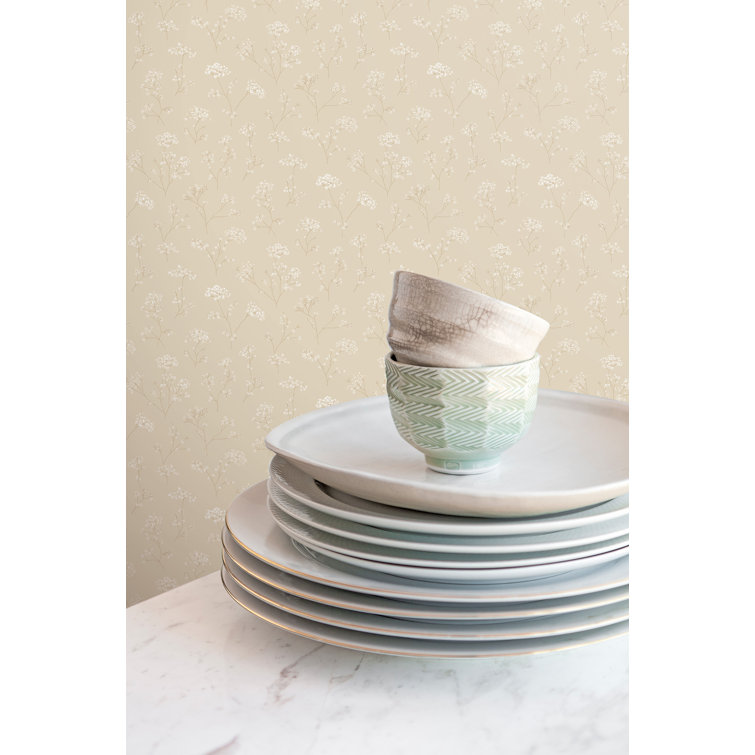 Beige and White Vinyl Floral Trail Wallpaper Roll