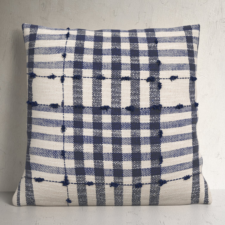 Navy and Light Beige Plaid Cotton Euro Throw Pillow Cover