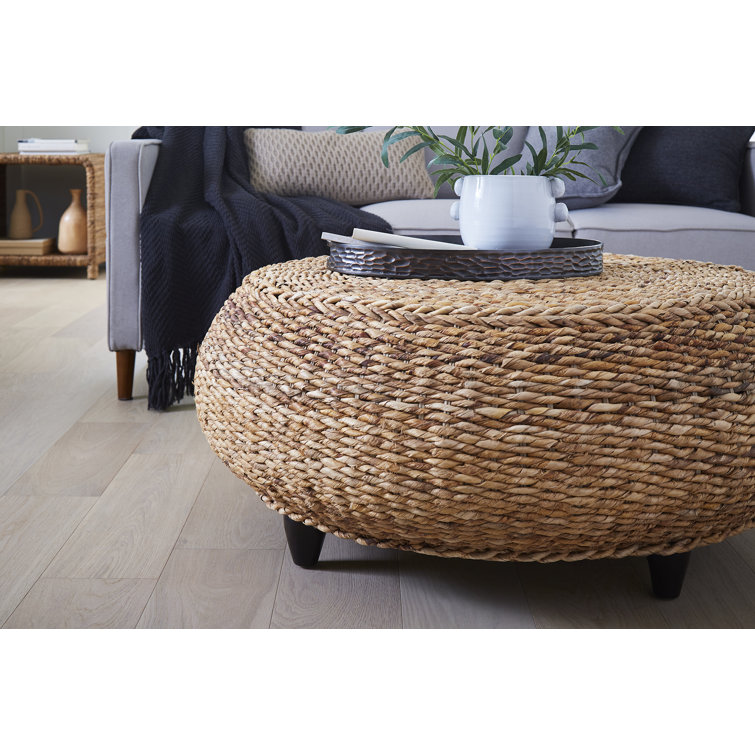 Kubu Round Woven Rattan Ottoman with Dark Brown Legs