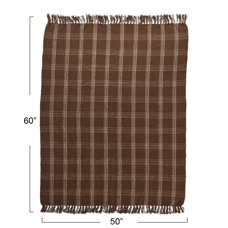 Brown Plaid Recycled Cotton Blend Throw Blanket with Fringe