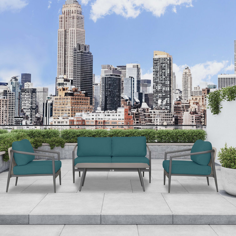 Slate and Peacock Aluminum Outdoor Seating Group with Sunbrella Cushions