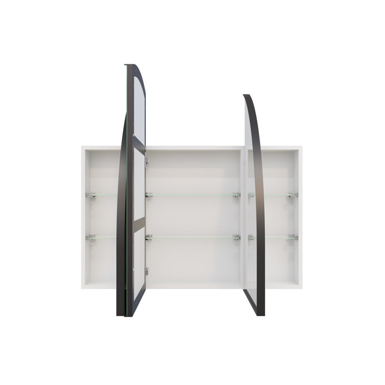 Arched Black Steel 3-Door Medicine Cabinet with Glass Shelves