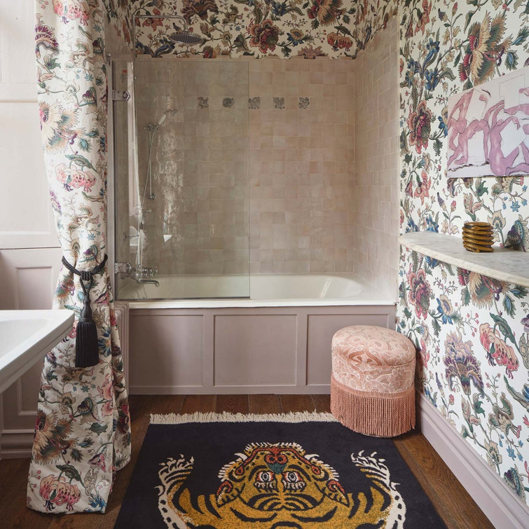 Ecru Majorelle Floral Wallpaper Roll with Pink and Blue Accents
