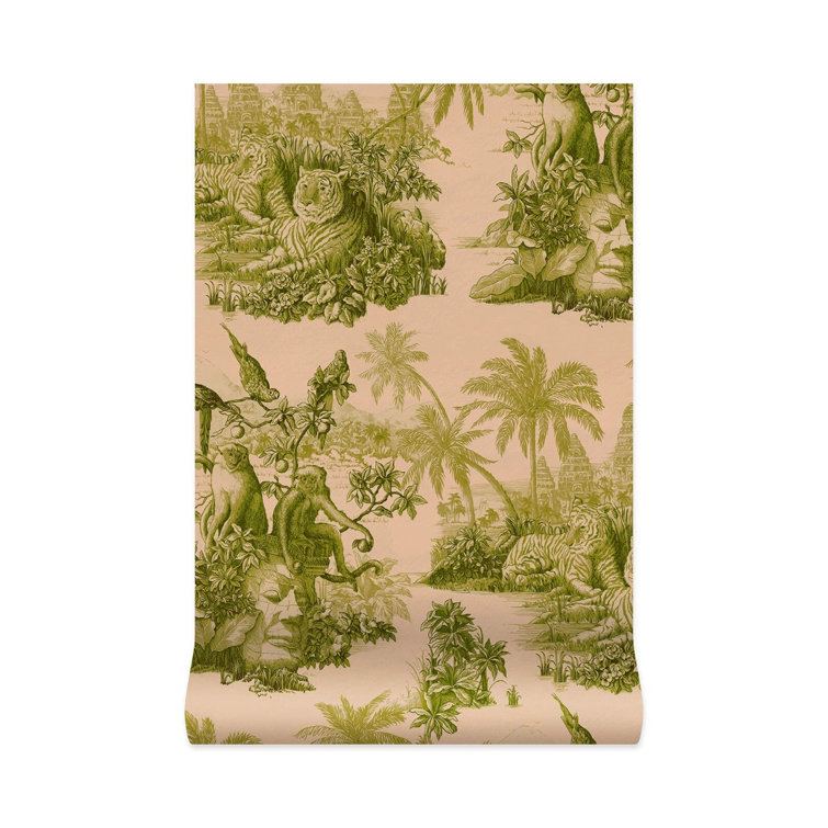 Blush and Green Sumatra Toile Jungle Wallpaper Roll