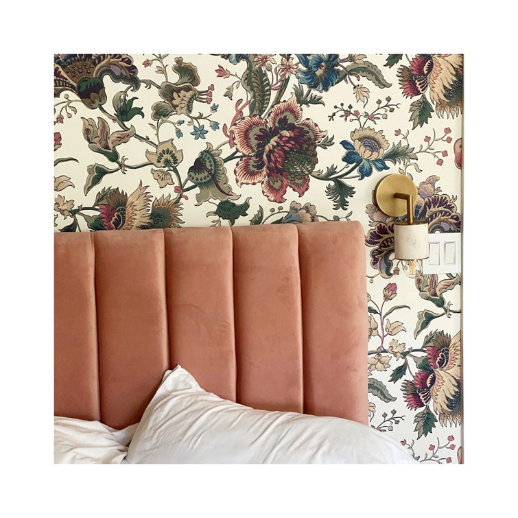 Ecru Majorelle Floral Wallpaper Roll with Pink and Blue Accents