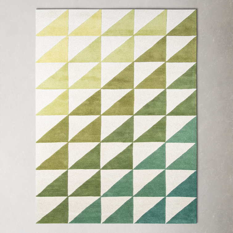 Ivory and Green Hand-Tufted Wool Geometric Rug
