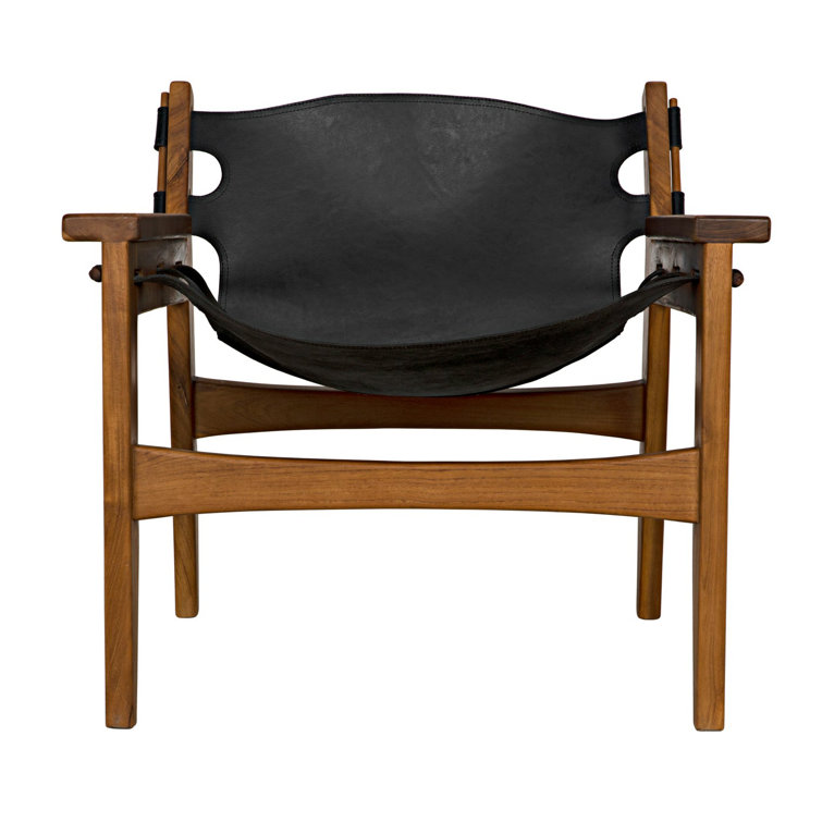 Elegant Noir Handcrafted Black Leather & Teak Wood Accent Chair