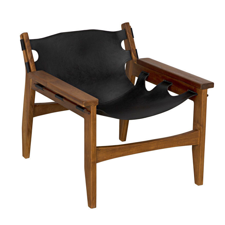 Elegant Noir Handcrafted Black Leather & Teak Wood Accent Chair