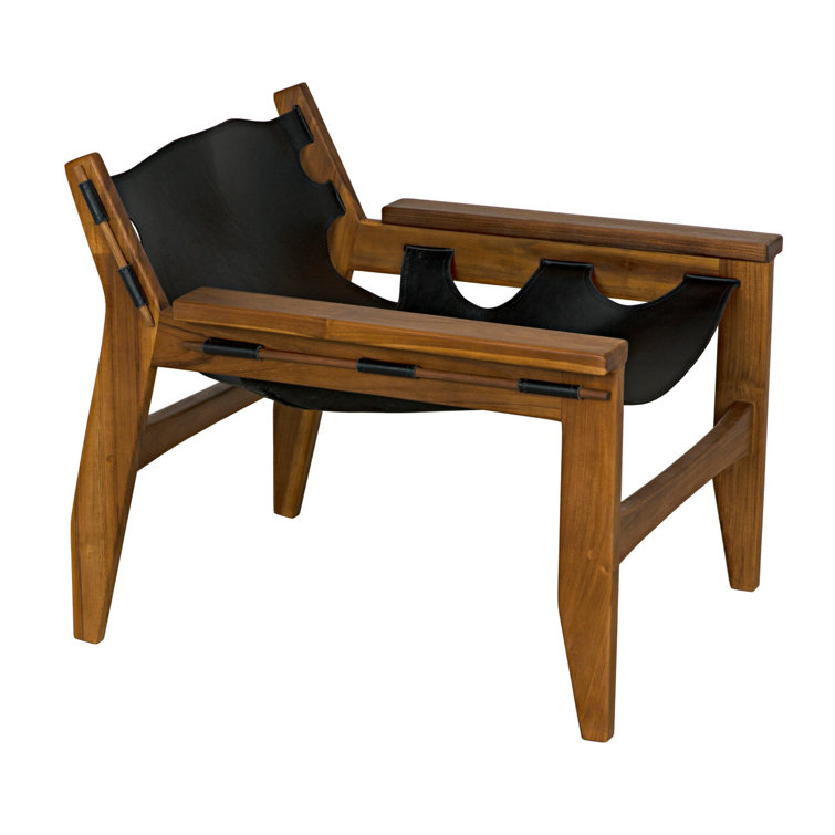 Elegant Noir Handcrafted Black Leather & Teak Wood Accent Chair
