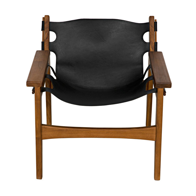 Elegant Noir Handcrafted Black Leather & Teak Wood Accent Chair