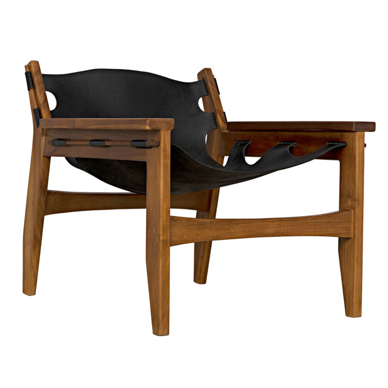 Elegant Noir Handcrafted Black Leather & Teak Wood Accent Chair