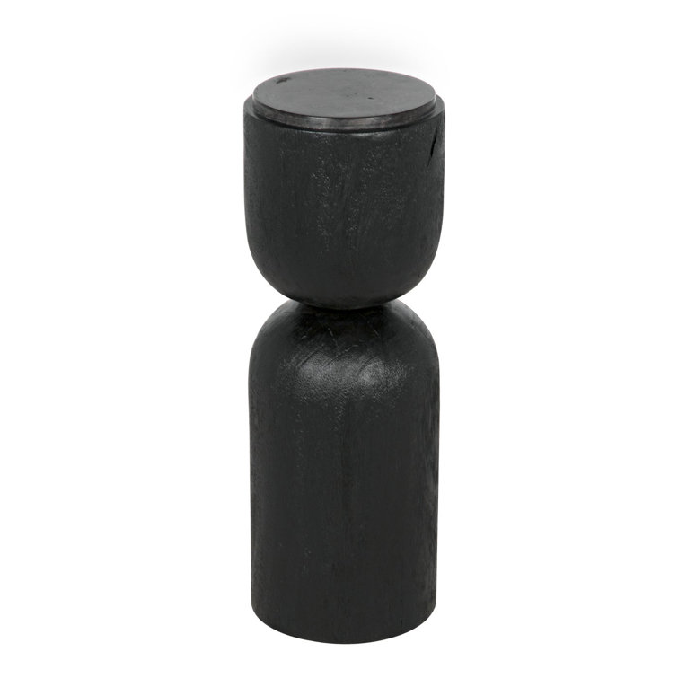 Burnt Black Round Wood and Stone Drum Table