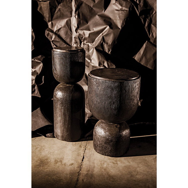 Burnt Black Round Wood and Stone Drum Table