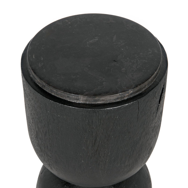 Burnt Black Round Wood and Stone Drum Table