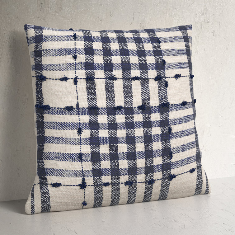 Navy and Light Beige Plaid Cotton Euro Throw Pillow Cover