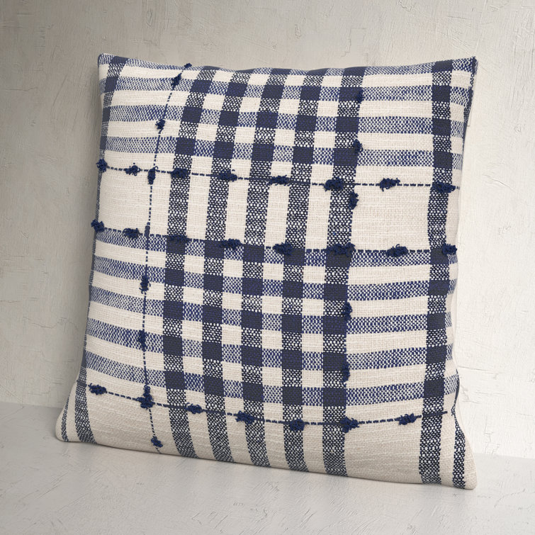 Navy and Light Beige Plaid Cotton Euro Throw Pillow Cover