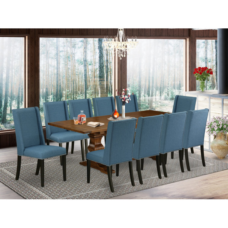 Antique Walnut Rectangular Dining Set with Blue Linen Chairs