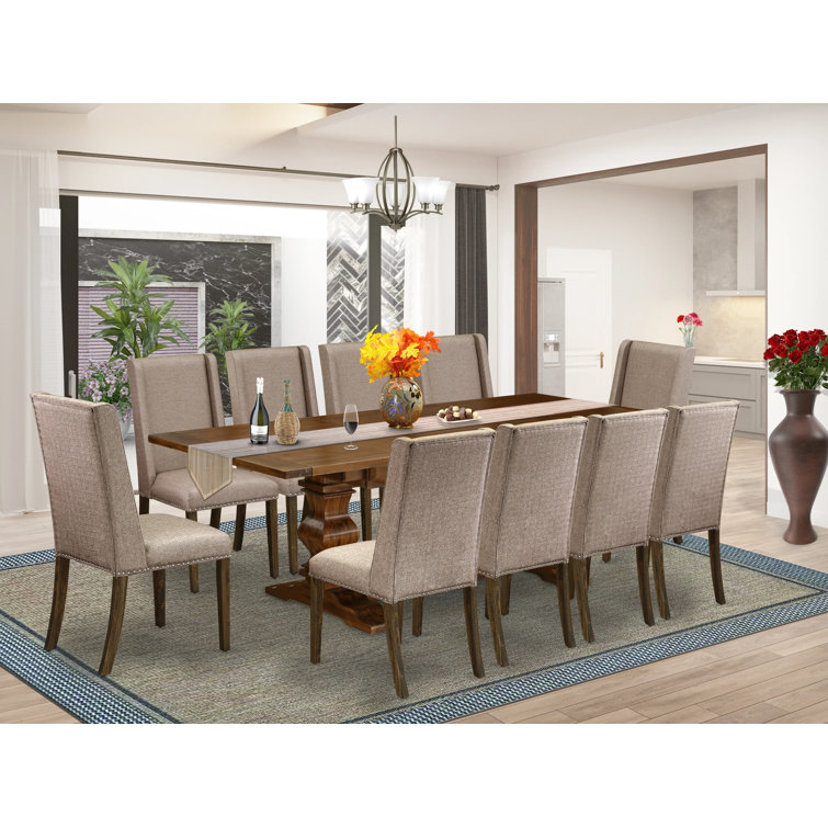 Antique Walnut 11-Piece Dining Set with Dark Khaki Linen Chairs