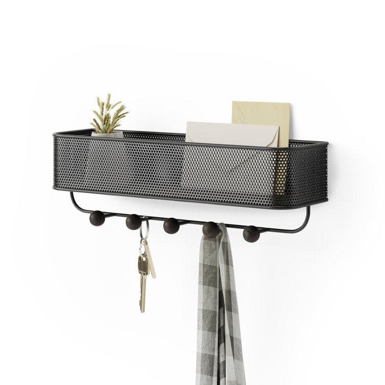 Black Metal and Walnut Entryway Organizer with Hooks
