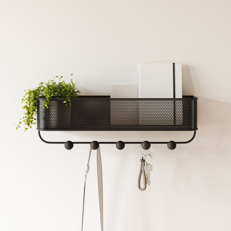 Black Metal and Walnut Entryway Organizer with Hooks