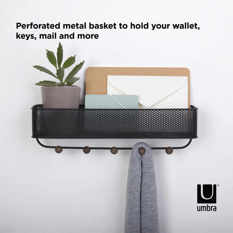 Black Metal and Walnut Entryway Organizer with Hooks