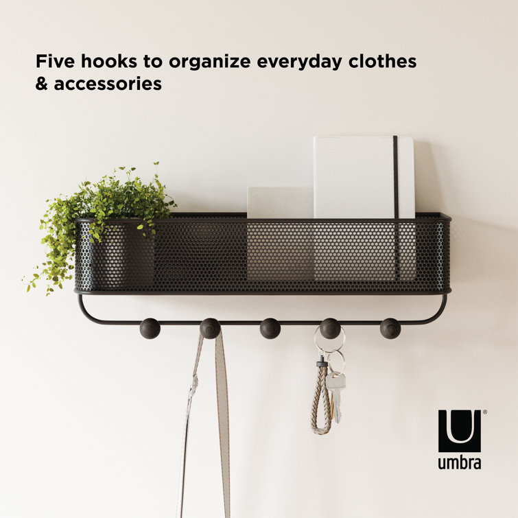 Black Metal and Walnut Entryway Organizer with Hooks