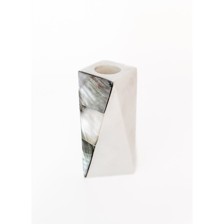 Small White Marble and Grey Mother of Pearl Candle Holder