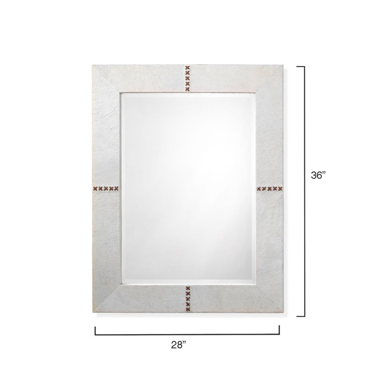White Leather Rectangular Accent Mirror with Stitching