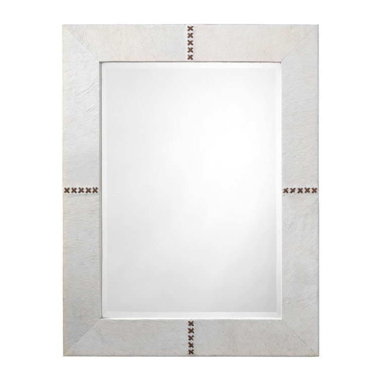 White Leather Rectangular Accent Mirror with Stitching