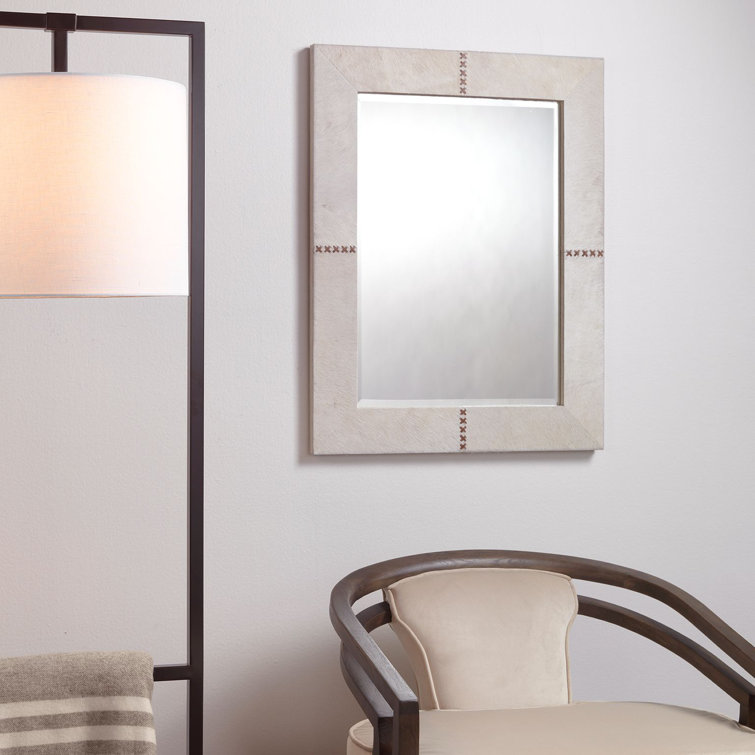 White Leather Rectangular Accent Mirror with Stitching