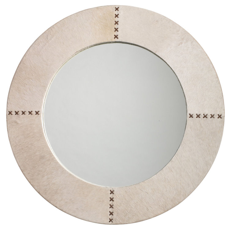 Whip-Stitched White Hide & Chocolate Leather Round Vanity Mirror