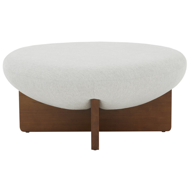 Taupe Round Linen Ottoman with Ash Wood Base