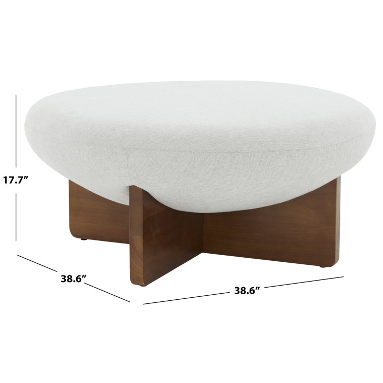 Taupe Round Linen Ottoman with Ash Wood Base