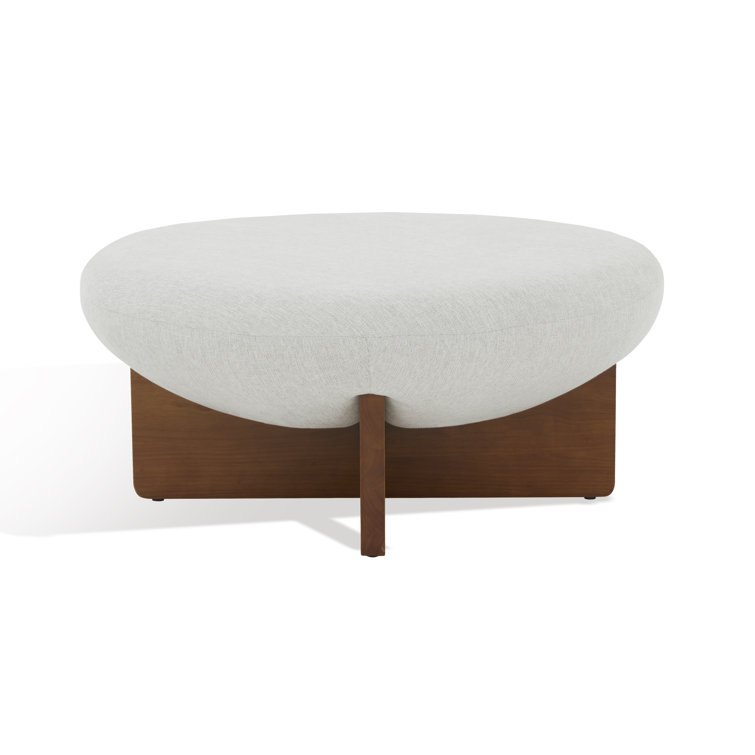 Taupe Round Linen Ottoman with Ash Wood Base