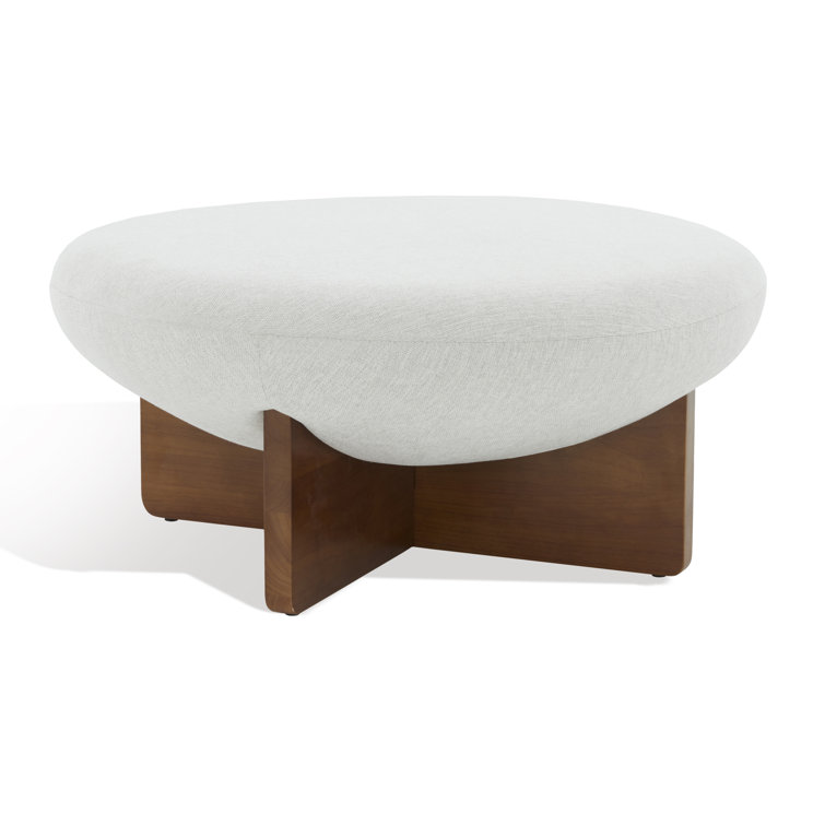 Taupe Round Linen Ottoman with Ash Wood Base