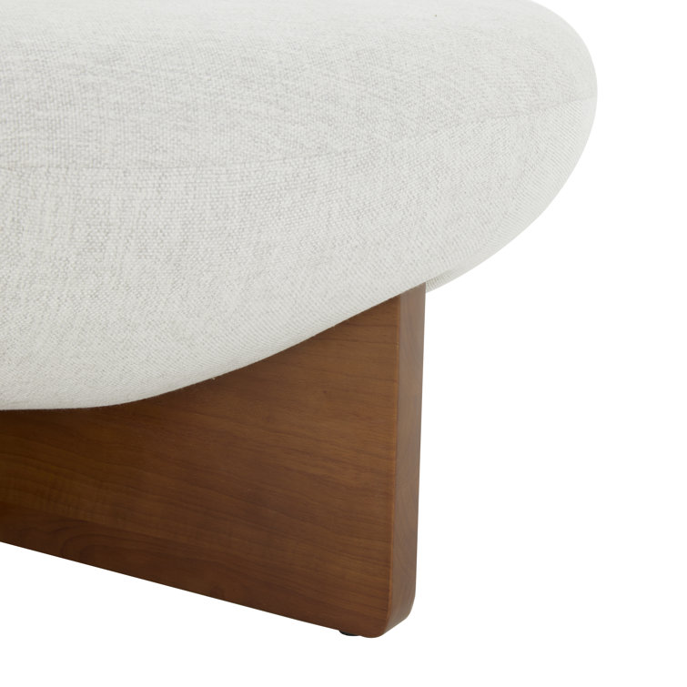 Taupe Round Linen Ottoman with Ash Wood Base