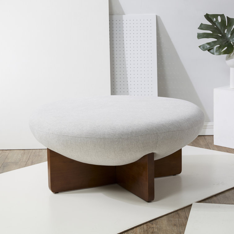 Taupe Round Linen Ottoman with Ash Wood Base