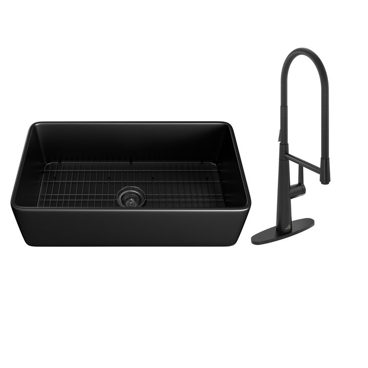 Matte Black Fireclay Farmhouse Kitchen Sink with Faucet