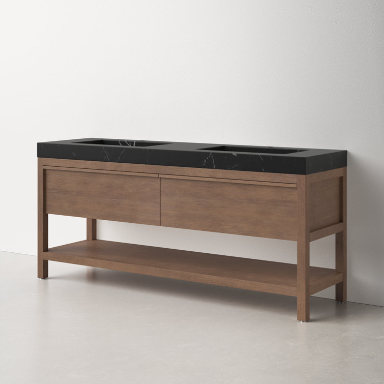 Pluto 72" Chestnut Oak Double Sink Freestanding Vanity with Black Marquina Quartz Top