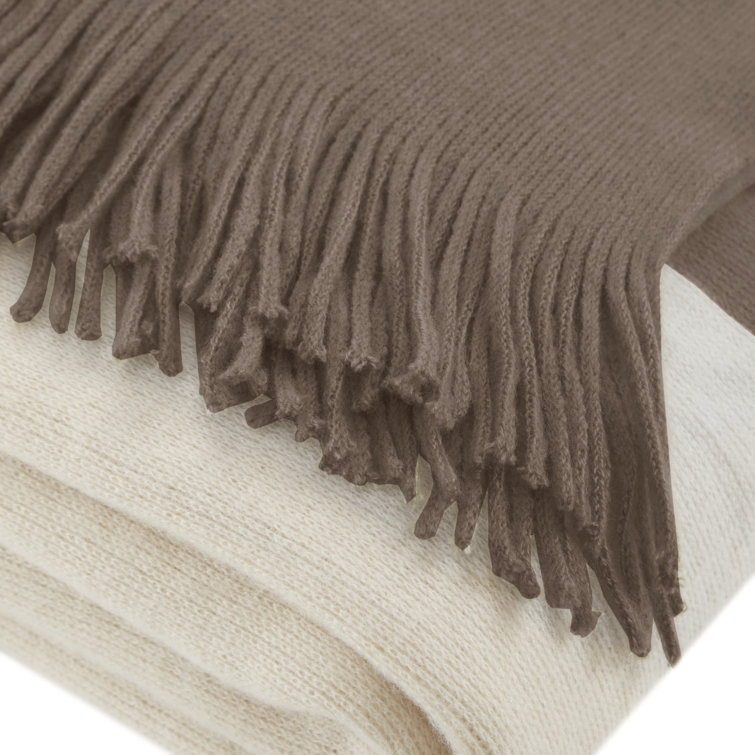 Taupe and Off-White Acrylic Fringed Throw Blanket