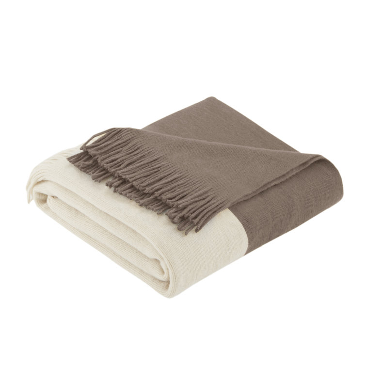 Taupe and Off-White Acrylic Fringed Throw Blanket
