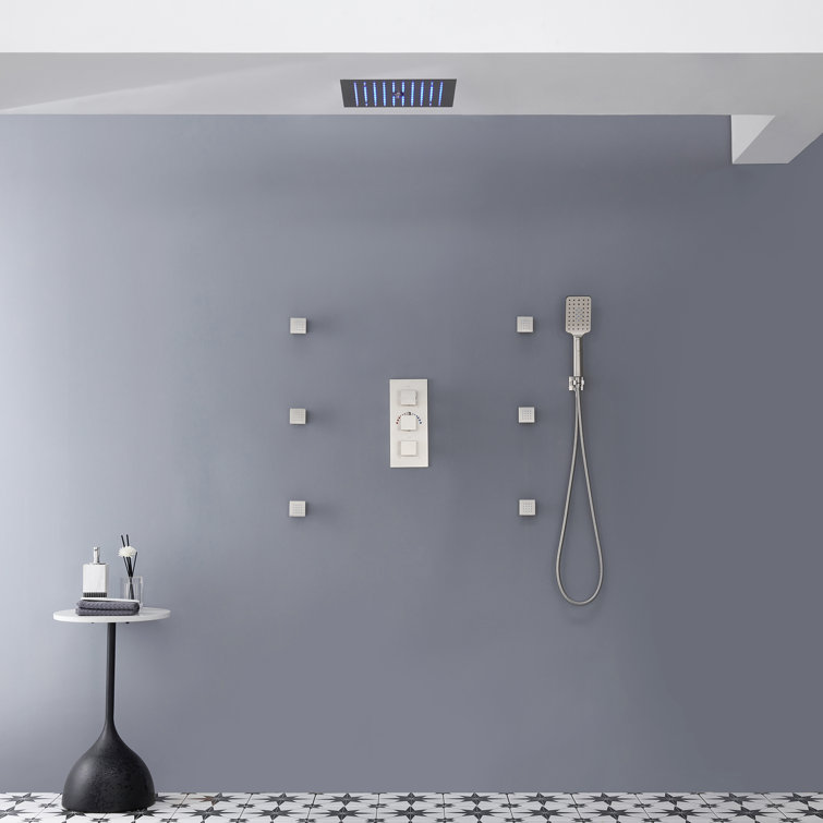 Brushed Nickel LED Ceiling Mounted Shower System with Body Jets