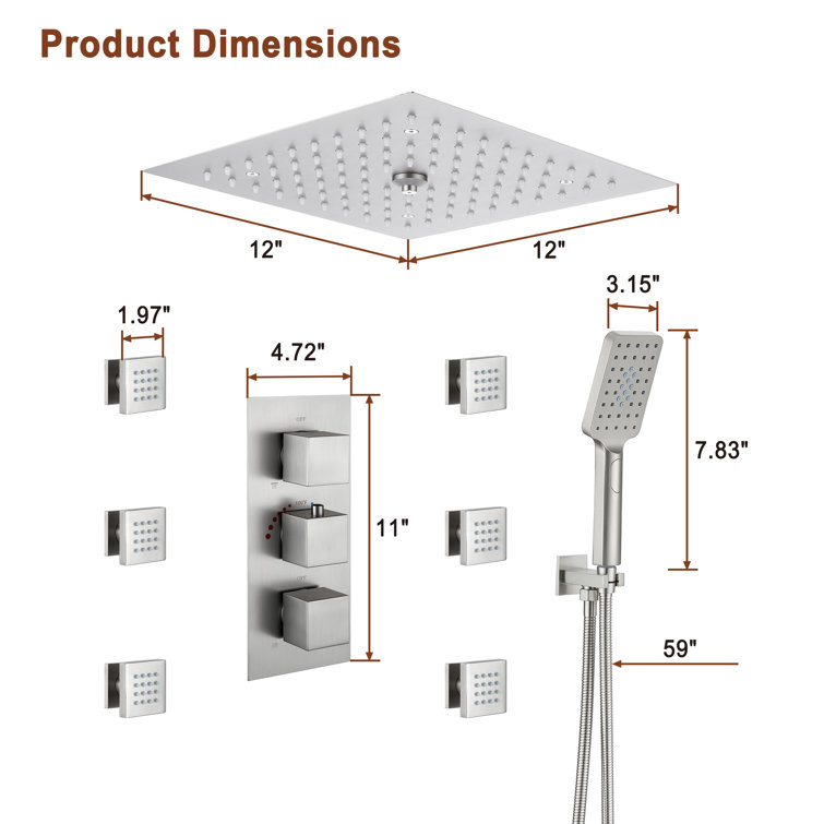 Brushed Nickel LED Ceiling Mounted Shower System with Body Jets