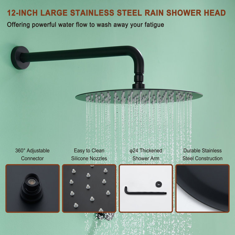 Matte Black Stainless Steel Wall Mounted Shower System with Rainfall and Body Jets