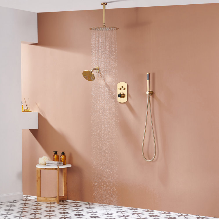 Brushed Gold Dual Rainfall Shower System with Handheld Spray