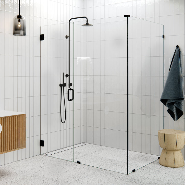Matte Black Frameless Glass Shower Enclosure with Brass Fittings