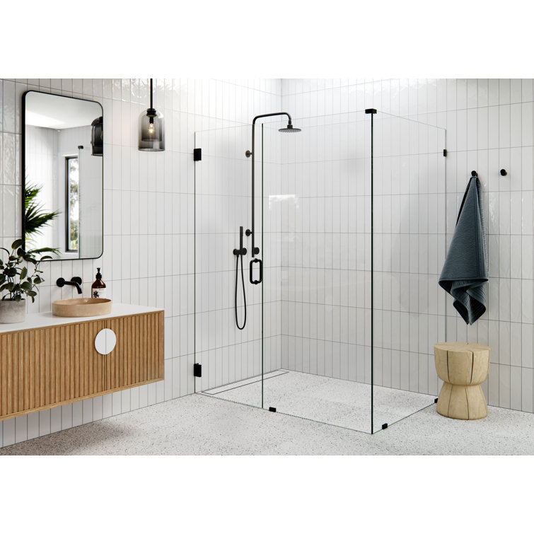 Matte Black Frameless Glass Shower Enclosure with Brass Fittings