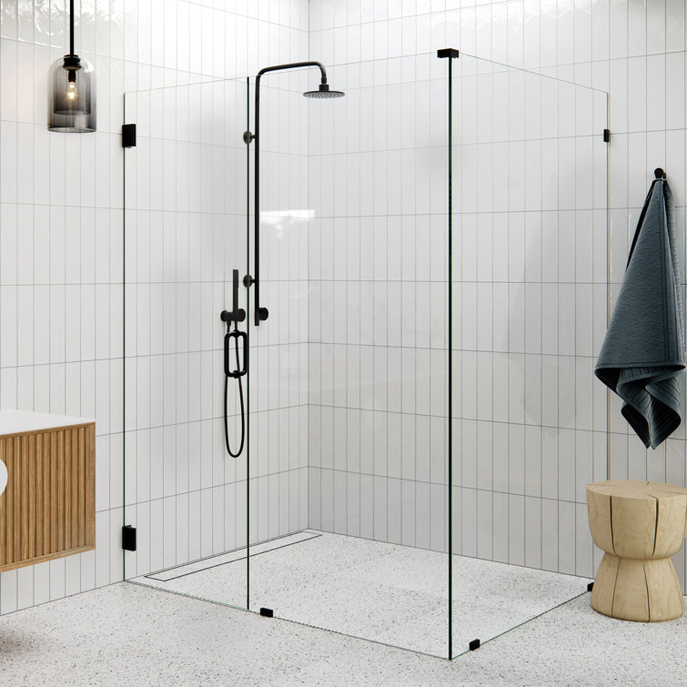 Matte Black Frameless Glass Shower Enclosure with Brass Fittings